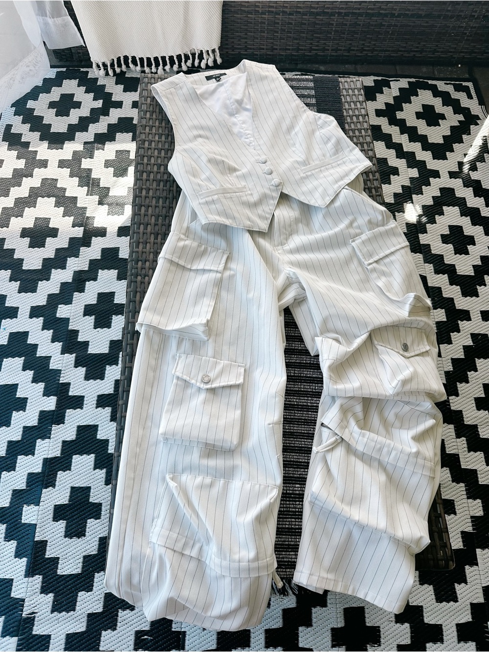 AFRM White Pinstripe Cargo Vest & Wide-Leg Pants Set - Picture 3 of 9